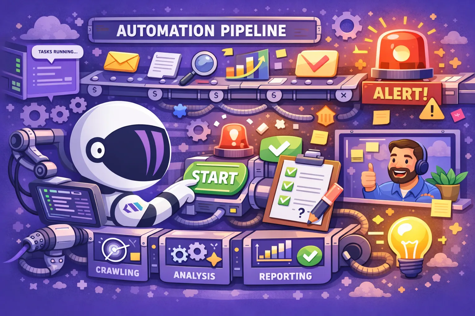 une pipeline d’automatisation (crawling, analyse, reporting) avec alertes et checklist