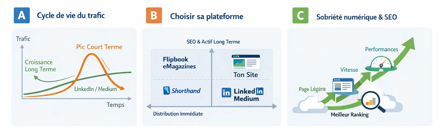 Graphique SEO : cycle de vie du trafic d'un article selon le canal (site = croissance long terme, LinkedIn/Medium = pic rapide puis baisse).
