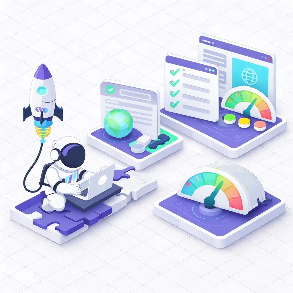 Illustration isométrique : développement web avec IA, assemblage des modules, tests en staging et optimisation des performances avant déploiement.