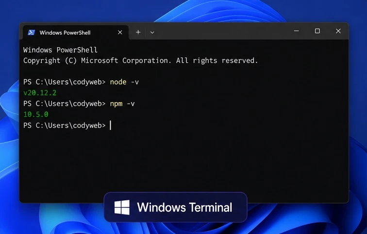 Terminal Windows PowerShell affichant les commandes Node.js pour vérifier l’environnement d’un projet d’IA embarquée dans le navigateur avec Transformers.js