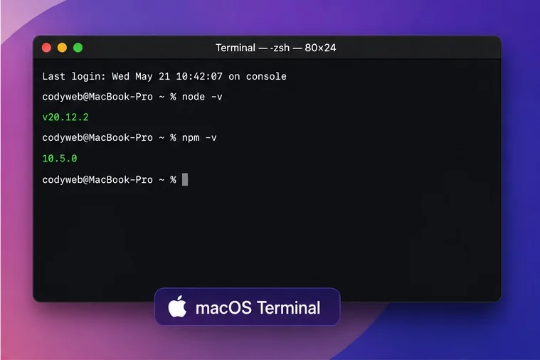 Terminal macOS affichant les commandes Node.js pour installer un projet d'IA embarquée dans le navigateur avec Transformers.js
