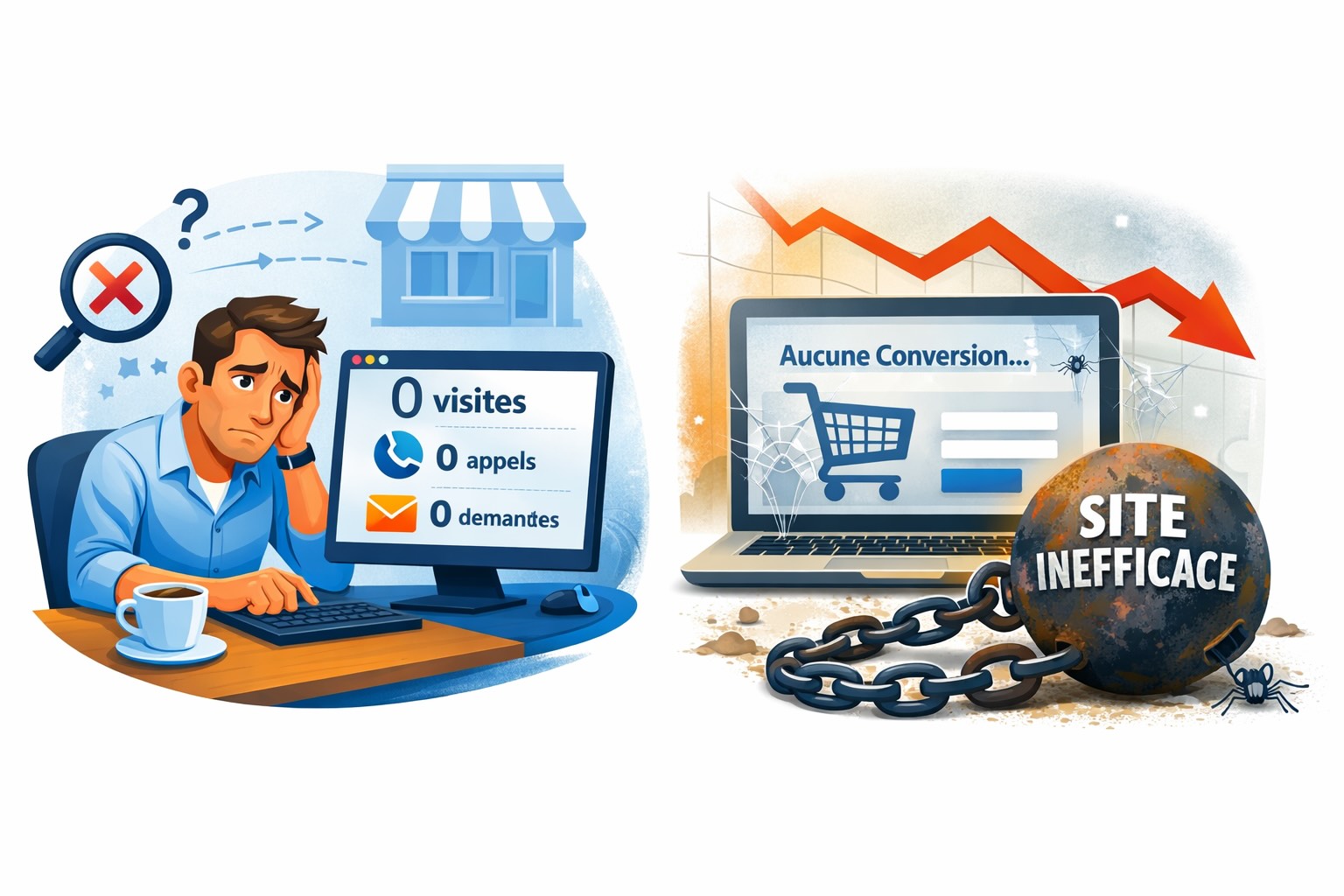 Dirigeant de TPE face à un site web sans visiteurs ni contacts, illustrant un site internet inefficace et non rentable