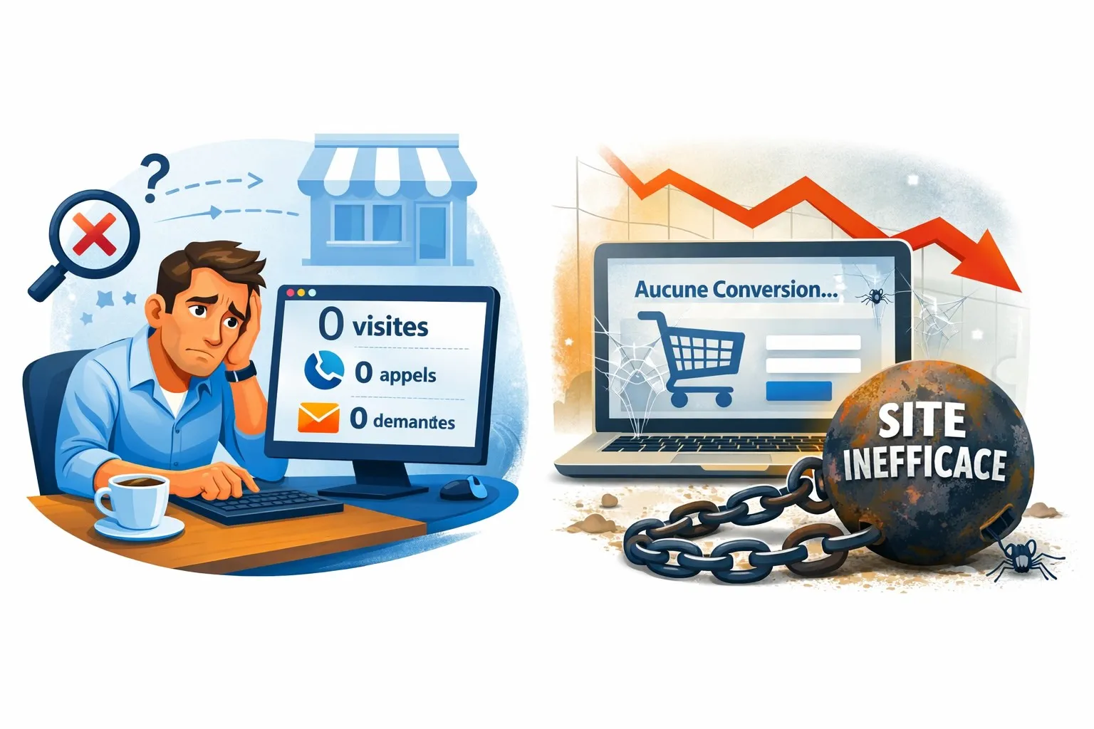 Dirigeant de TPE face à un site web sans visiteurs ni contacts, illustrant un site internet inefficace et non rentable