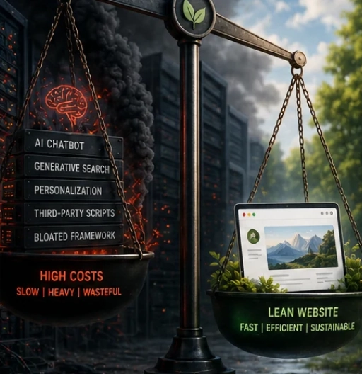 Comparison between an AI-overloaded website that is costly and energy-intensive, and a lightweight website optimized for performance