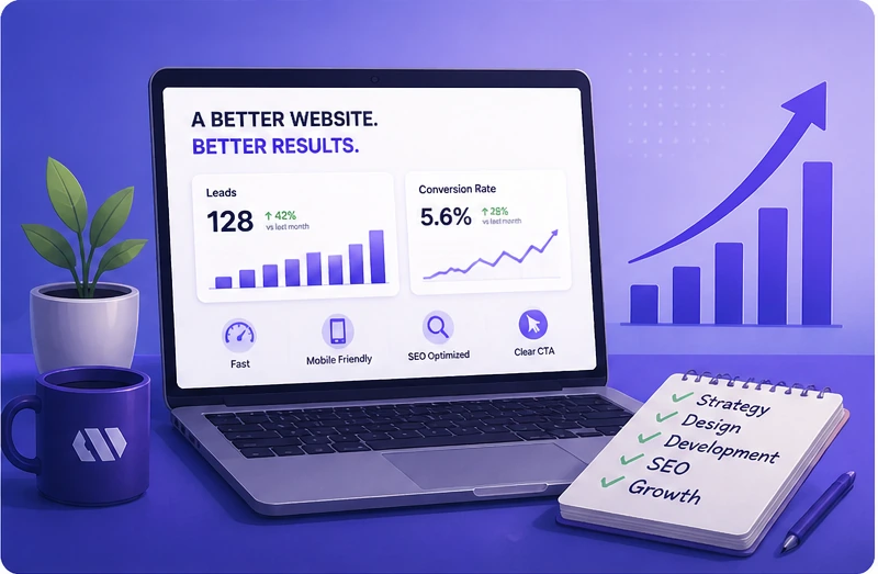 Website analytics dashboard showing improved leads, conversion rate, SEO score and business growth