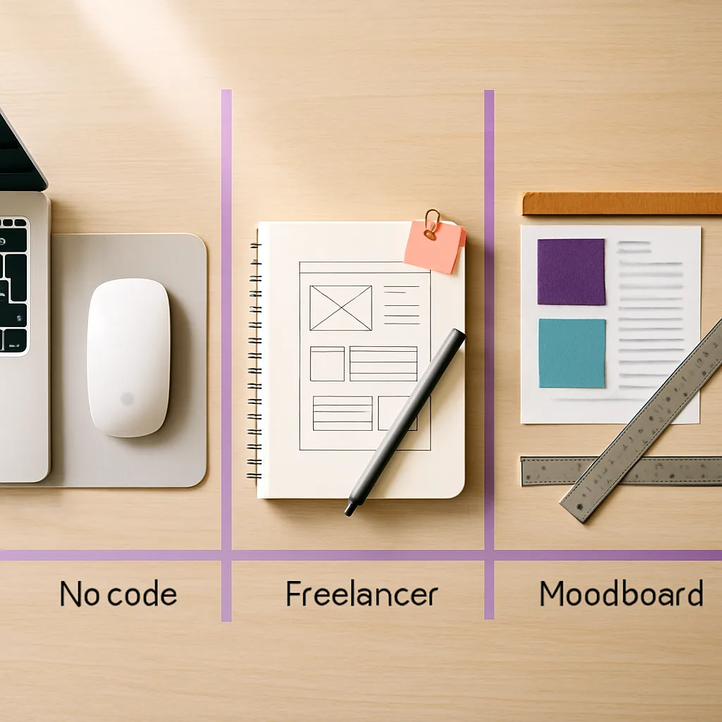 Vue en plongée d'un bureau comparant trois postes de travail : ordinateur minimaliste pour le no-code, carnet de wireframes pour le freelance, et moodboard professionnel pour l'agence web.