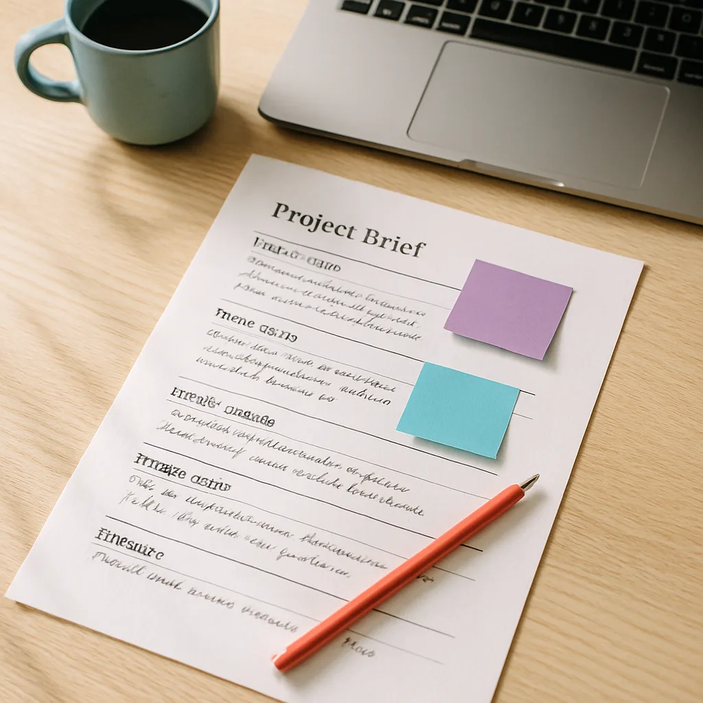Overhead view of a printed web project brief on a white desk, annotated with handwritten notes, alongside a laptop, coral pencil, and turquoise mug