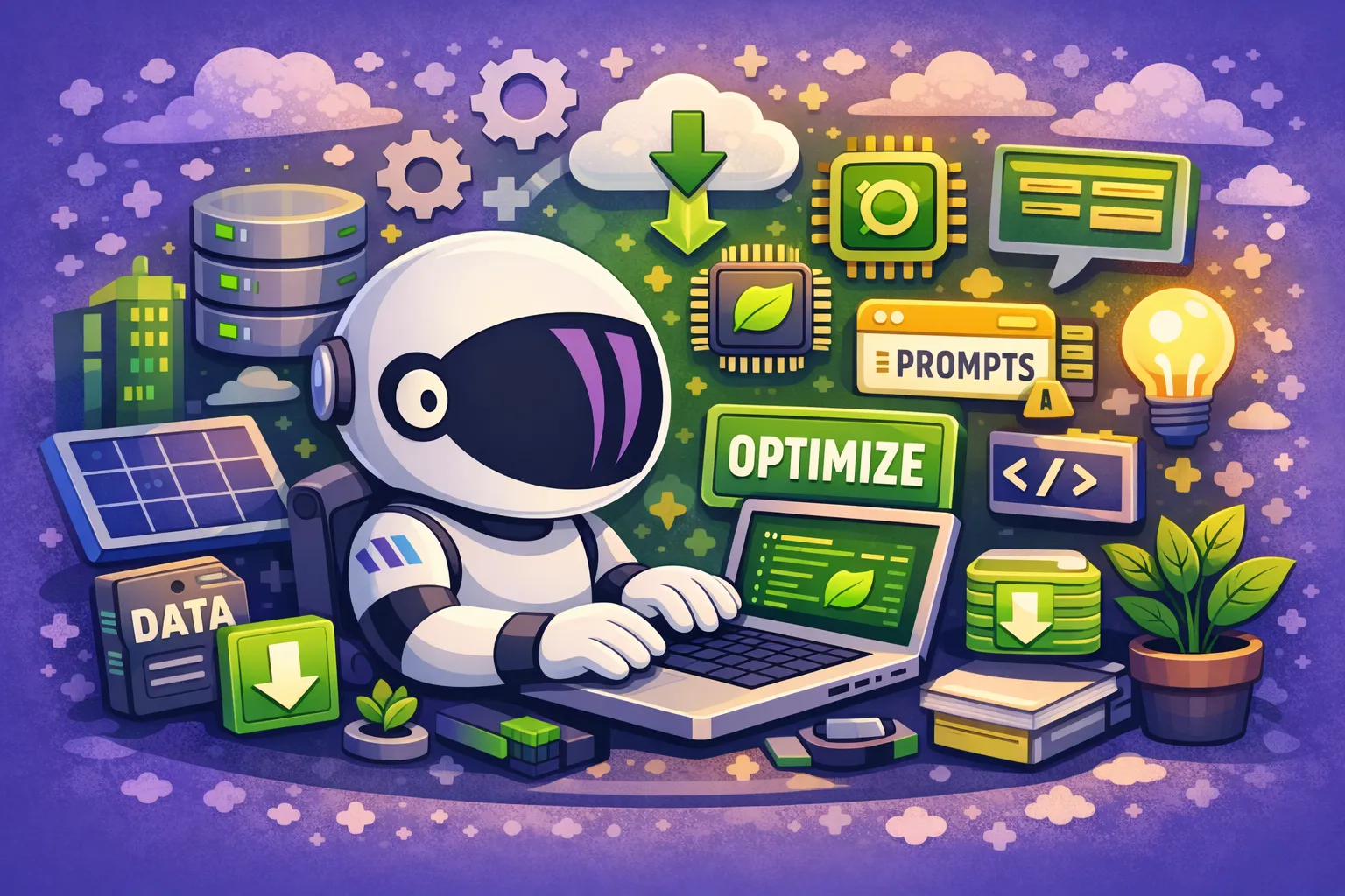astronaute optimisant des prompts et des données, serveurs et icônes performance pour réduire la consommation et améliorer l’efficacité.
