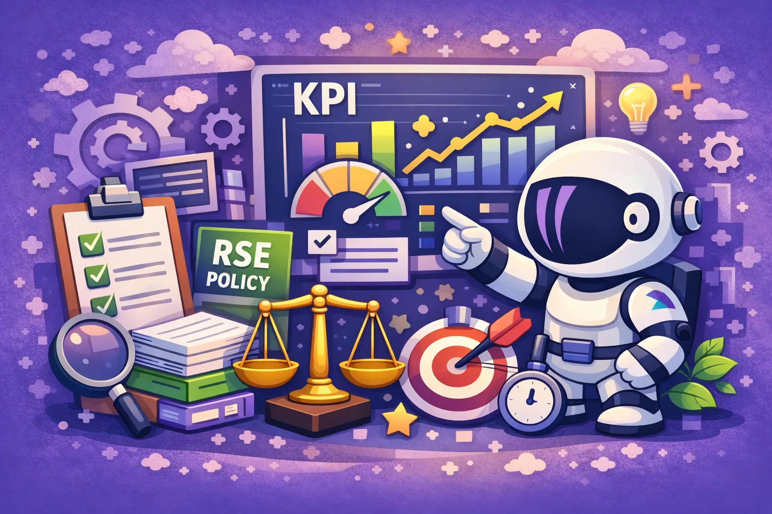 astronaute devant un tableau de KPI, checklist et politique RSE, suivi des indicateurs et pilotage d’une stratégie numérique responsable