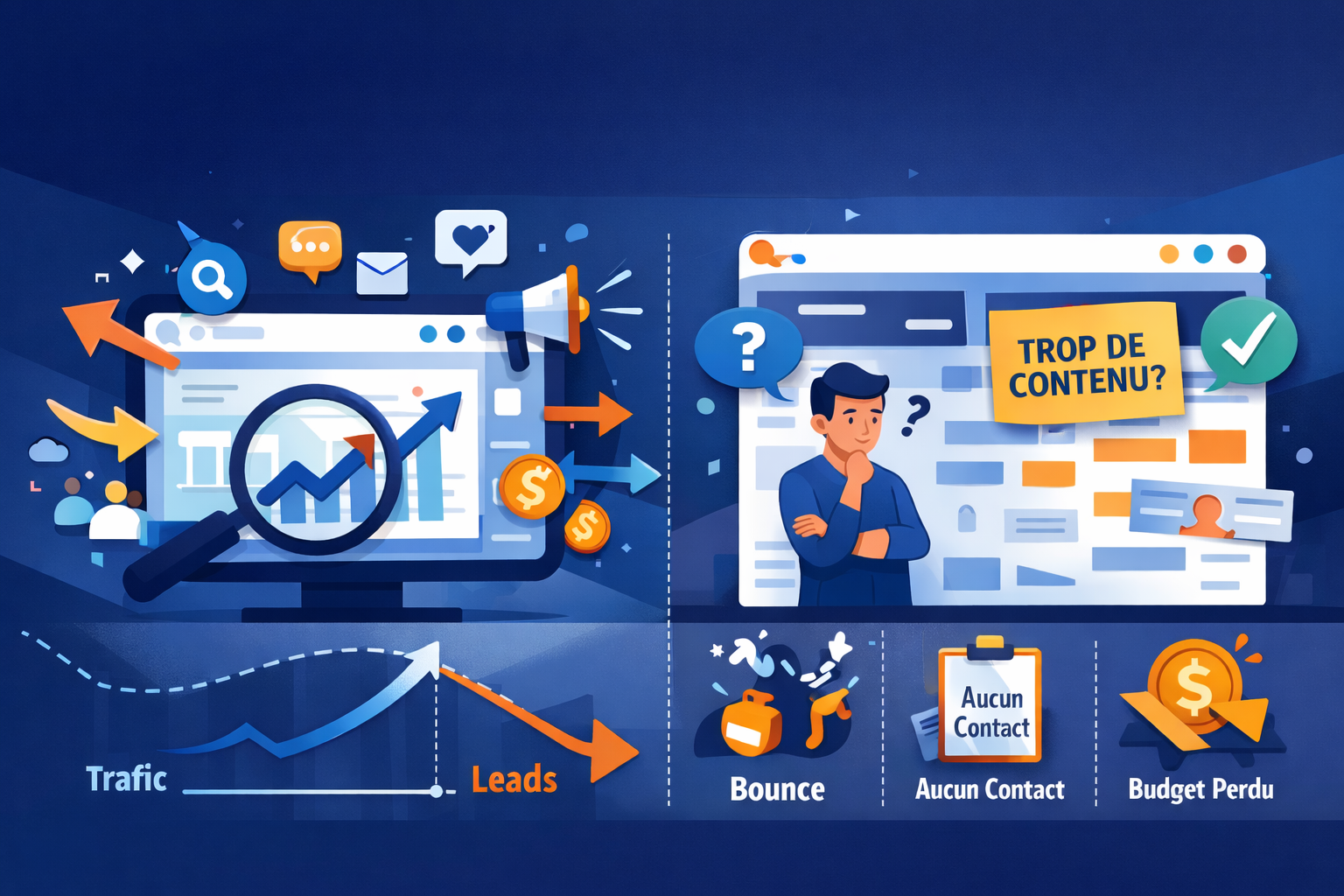 Illustration montrant qu’un fort trafic sur un site web ne génère pas forcément plus de leads sans stratégie de conversion