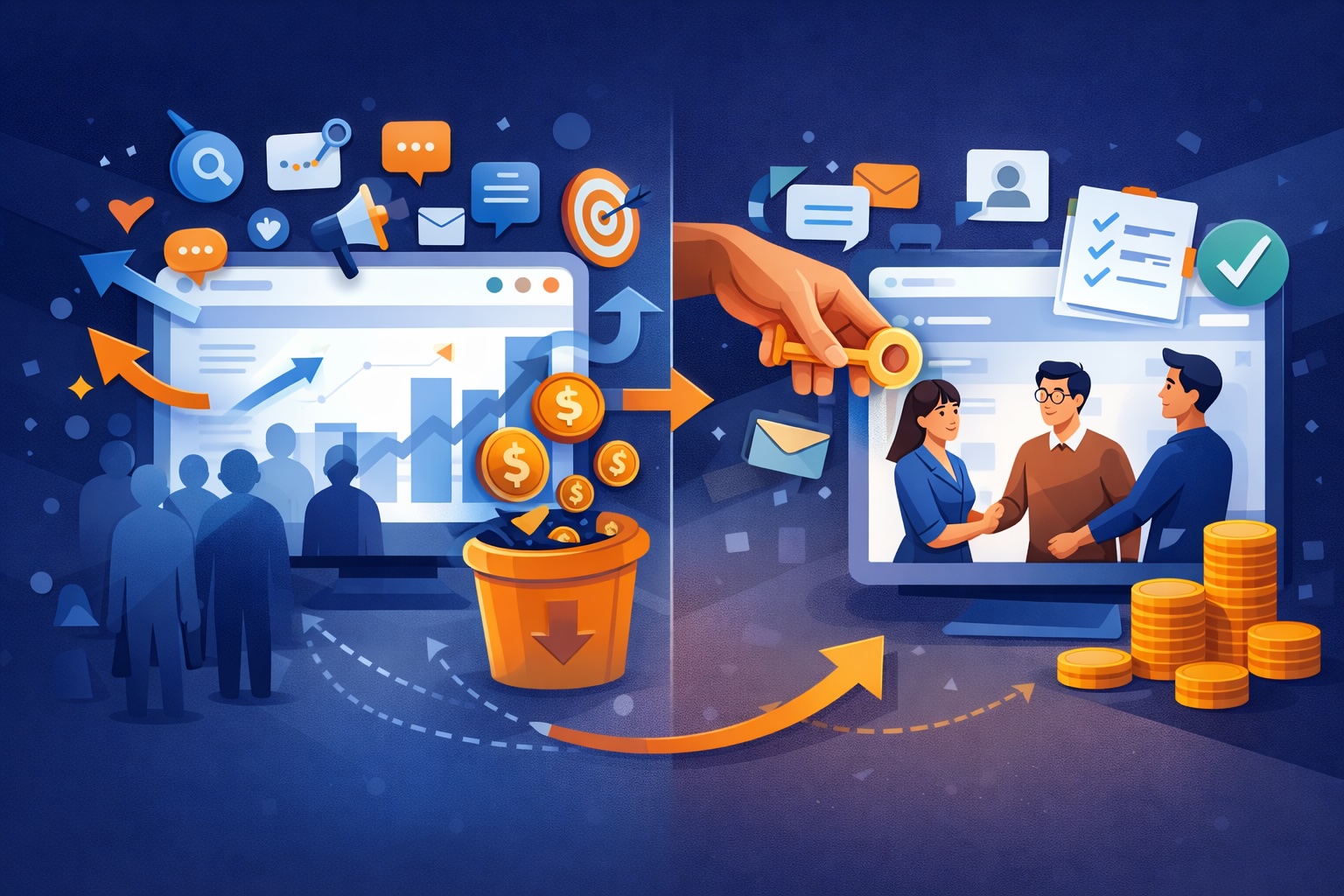 Schéma illustrant la différence entre trafic élevé et génération réelle de contacts sur un site web