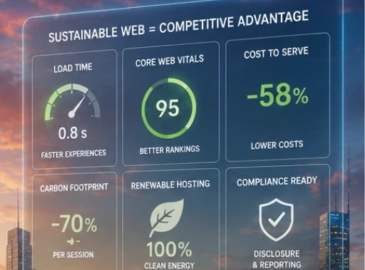 Dashboard illustrating the benefits of a lightweight website: performance, reduced costs, green hosting, and compliance
