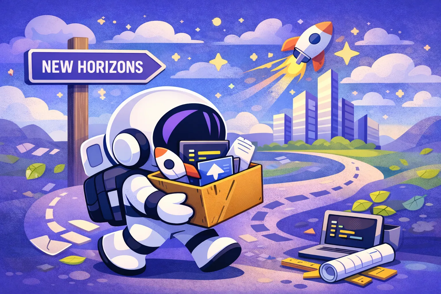 astronaute portant une boîte d’outils (code, maquettes, fusée) vers de “nouveaux horizons”, symbole de refonte et évolution d’un projet digital.